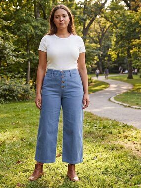 Madewell Wide Leg Crop Pants Button Fly Garment Dyed Blue Utility Chino 32